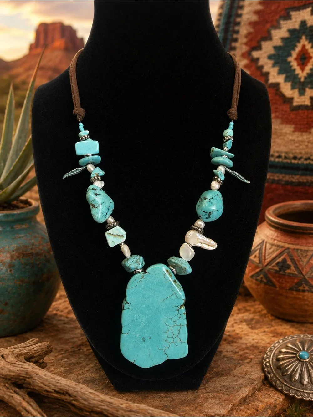 Laura Ashley Turquoise Pendant, Pearls & Metal Feathers Statement Necklace